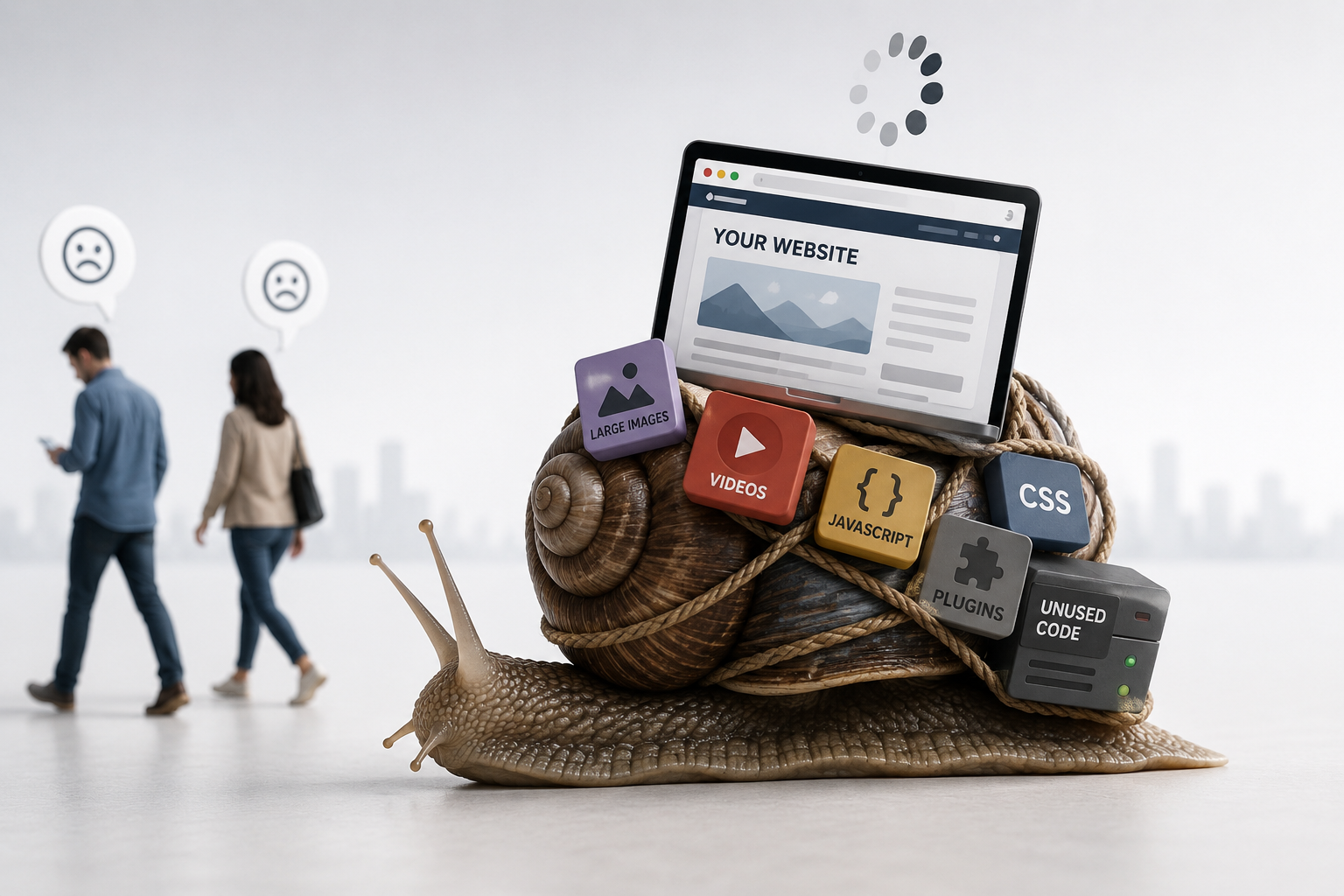 A realistic snail carrying an overloaded website on its shell, symbolizing slow website loading caused by large images, videos, plugins, CSS, and JavaScript, while frustrated users walk away in the background.